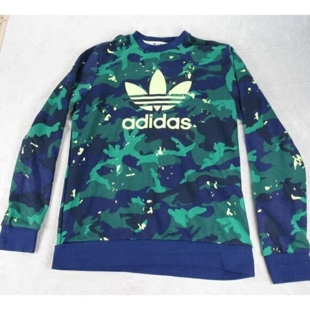 Adidas Sweatshirt Youth XL 15-16Y Blue Camouflage Logo Crew Neck Pullover